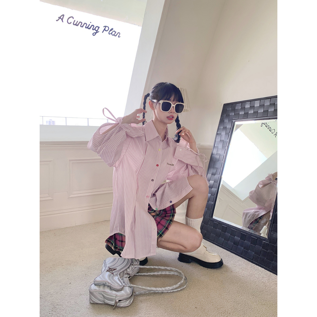 Áo Sơ Mi Tay Dài Dáng Rộng Mỏng Cài Nút Họa Tiết Kẻ Sọc Màu Sắc Phong Cách Nhật Bản Thời Trang Mùa Thu Cho Nữ