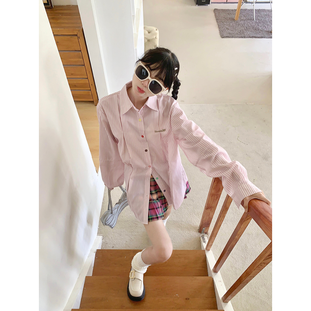 Áo Sơ Mi Tay Dài Dáng Rộng Mỏng Cài Nút Họa Tiết Kẻ Sọc Màu Sắc Phong Cách Nhật Bản Thời Trang Mùa Thu Cho Nữ