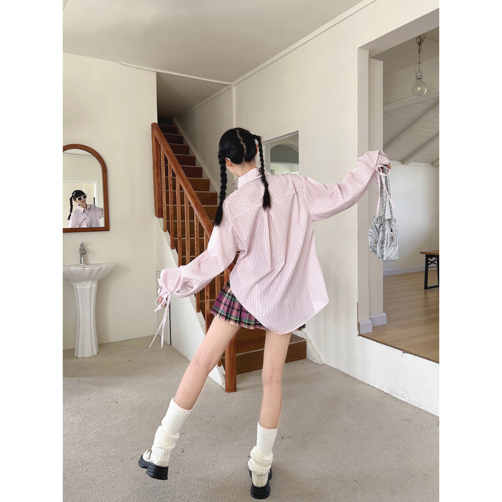 Áo Sơ Mi Tay Dài Dáng Rộng Mỏng Cài Nút Họa Tiết Kẻ Sọc Màu Sắc Phong Cách Nhật Bản Thời Trang Mùa Thu Cho Nữ
