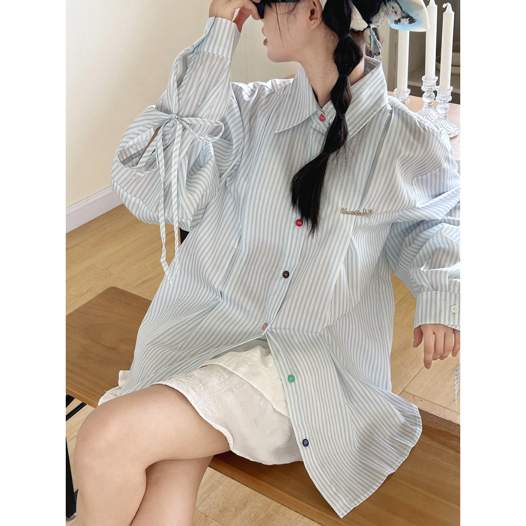 Áo Sơ Mi Tay Dài Dáng Rộng Mỏng Cài Nút Họa Tiết Kẻ Sọc Màu Sắc Phong Cách Nhật Bản Thời Trang Mùa Thu Cho Nữ