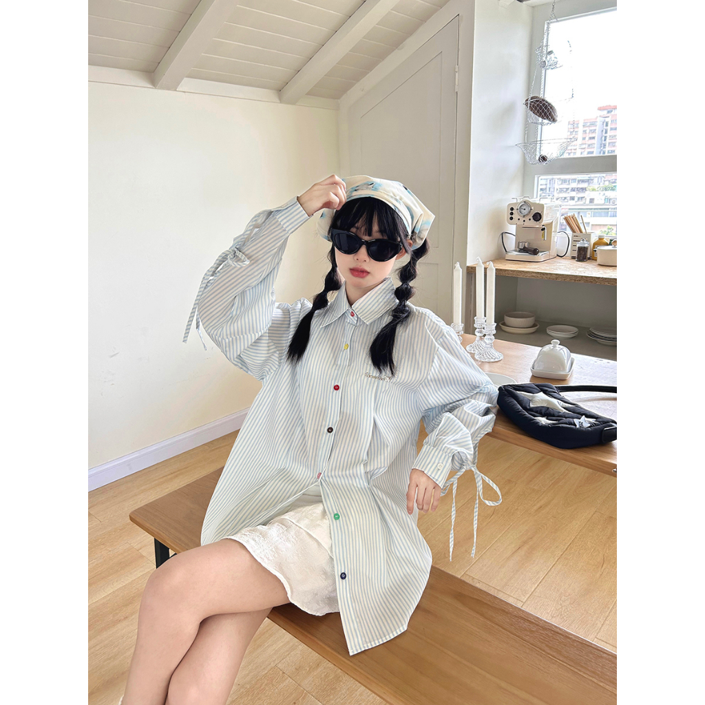 Áo Sơ Mi Tay Dài Dáng Rộng Mỏng Cài Nút Họa Tiết Kẻ Sọc Màu Sắc Phong Cách Nhật Bản Thời Trang Mùa Thu Cho Nữ
