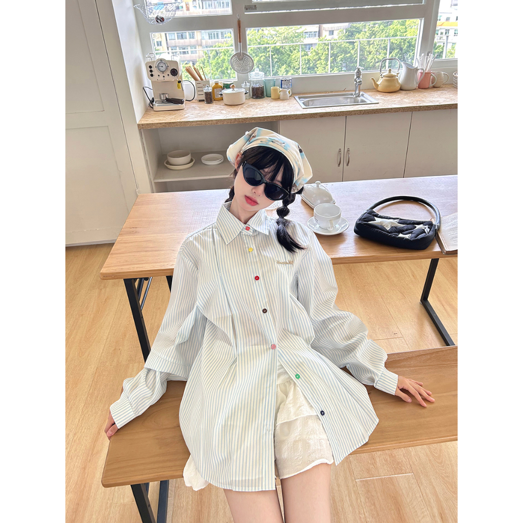 Áo Sơ Mi Tay Dài Dáng Rộng Mỏng Cài Nút Họa Tiết Kẻ Sọc Màu Sắc Phong Cách Nhật Bản Thời Trang Mùa Thu Cho Nữ