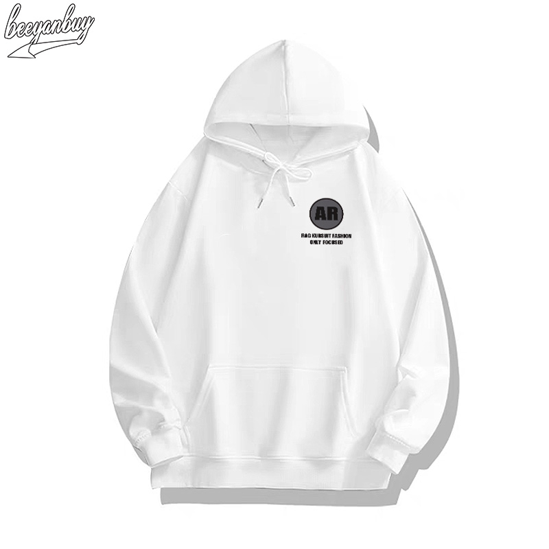 Áo Hoodie Cotton trắng BEEYANBUY áo nỉ tay form rộng dài thời boy phố trang in hình unisex 100% cotton-Y0468