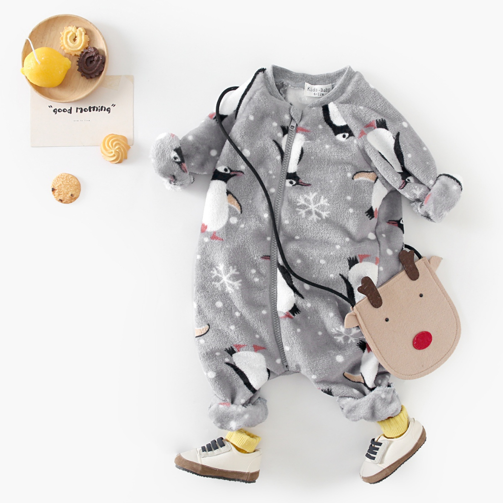 Sanlutoz Khoá kéoMùa đông Em bé Rompers Chim cánh cụt In ấn Fleece Tay áo dài Trẻ sơ sinh Jumpsuits Quần áo Cozy