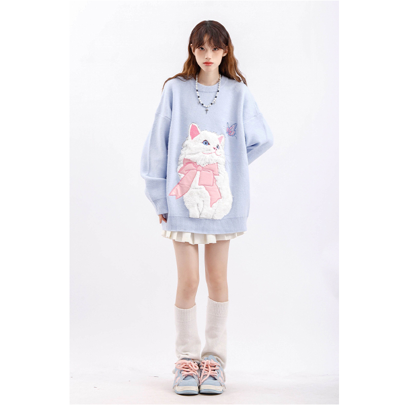 Áo sweater áo len tay dài Cổ Tròn in Hình Mèo Dễ Thương Thời Trang Thu Đông Cho Nữ