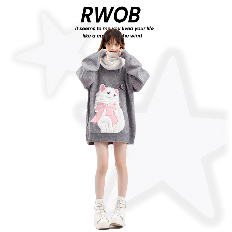 Áo sweater áo len tay dài Cổ Tròn in Hình Mèo Dễ Thương Thời Trang Thu Đông Cho Nữ