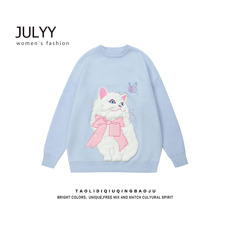 Áo sweater áo len tay dài Cổ Tròn in Hình Mèo Dễ Thương Thời Trang Thu Đông Cho Nữ