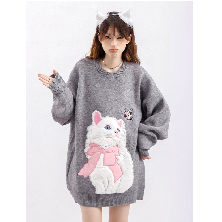 Áo sweater áo len tay dài Cổ Tròn in Hình Mèo Dễ Thương Thời Trang Thu Đông Cho Nữ