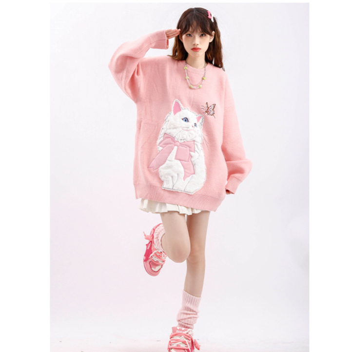 Áo sweater áo len tay dài Cổ Tròn in Hình Mèo Dễ Thương Thời Trang Thu Đông Cho Nữ