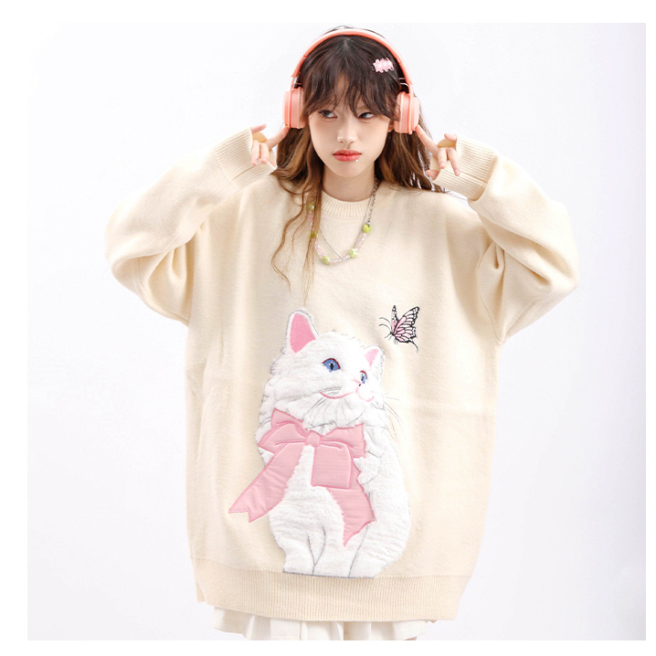 Áo sweater áo len tay dài Cổ Tròn in Hình Mèo Dễ Thương Thời Trang Thu Đông Cho Nữ