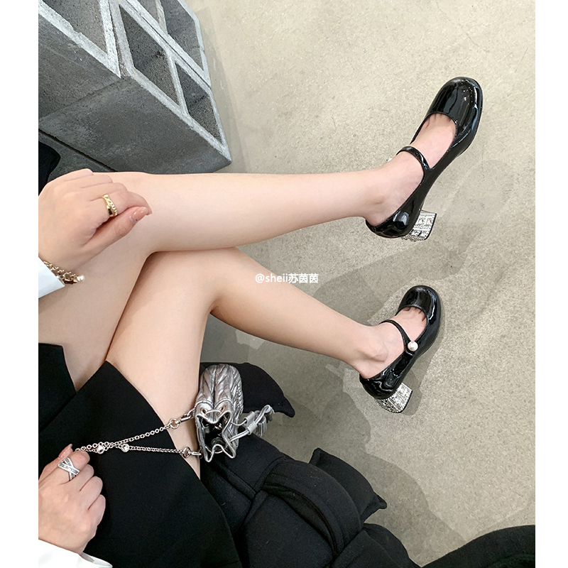 Hong Kong Premium shoes❥Giày Cao Gót Mũi Tròn Đính Đá Thời Trang Dành Cho Nữ