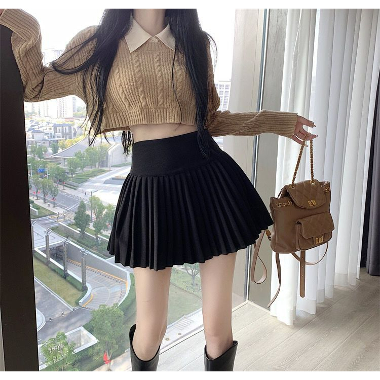 NUZIRO Chân Váy Ngắn Lưng Cao Xếp Ly Màu Trơn Thời Trang Hàn Quốc Cho Nữ