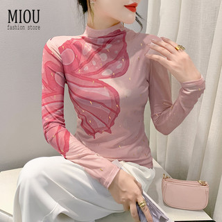 MIOU Nửa Cổ Cao Lớp Lót Áo Sơ Mi Lớn 4XL Áo Thun Nữ Dài Tay Thu Đông 2025 Mới In Hình Bướm Lưới Top Nữ Áo