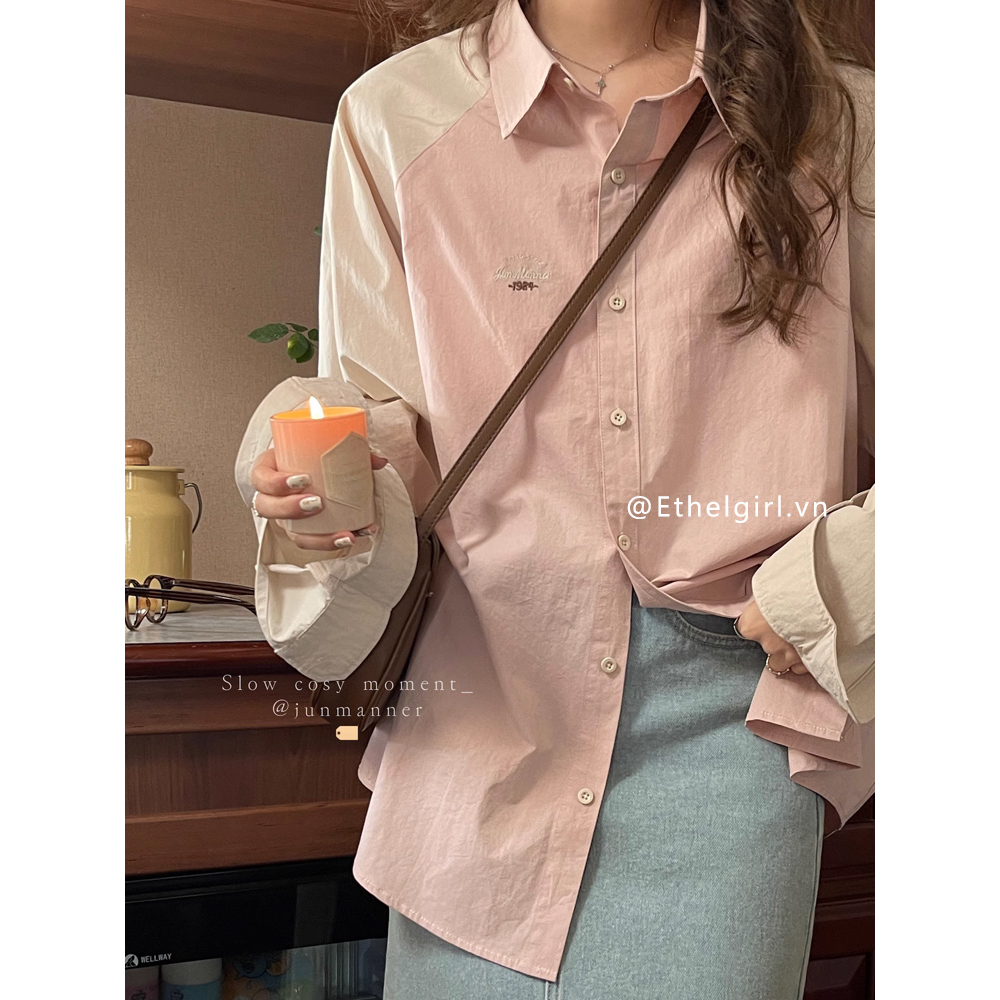 Ethelgirl Thiết kế hàn quốc màu sắc phù hợp với áo sơ mi nữ tay rộng vải retro polo cổ thường chống nắng hàng đầu