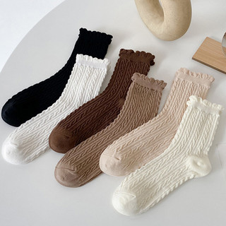 FHYL Vớ Cotton Cổ Trung Phối Ren Bánh Bèo Hoạ Tiết Xoắn Đơn Giản Phong Cách Lolita Cho Nữ