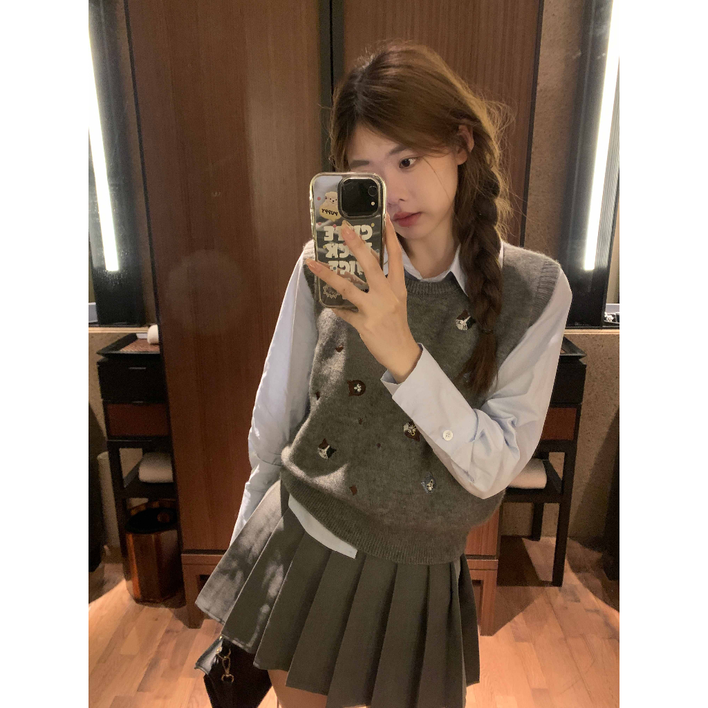 「MOTEL7」Áo sweater Dệt Kim Sát Nách Thêu Hình Mèo Kiểu retro Thời Trang Mùa Thu