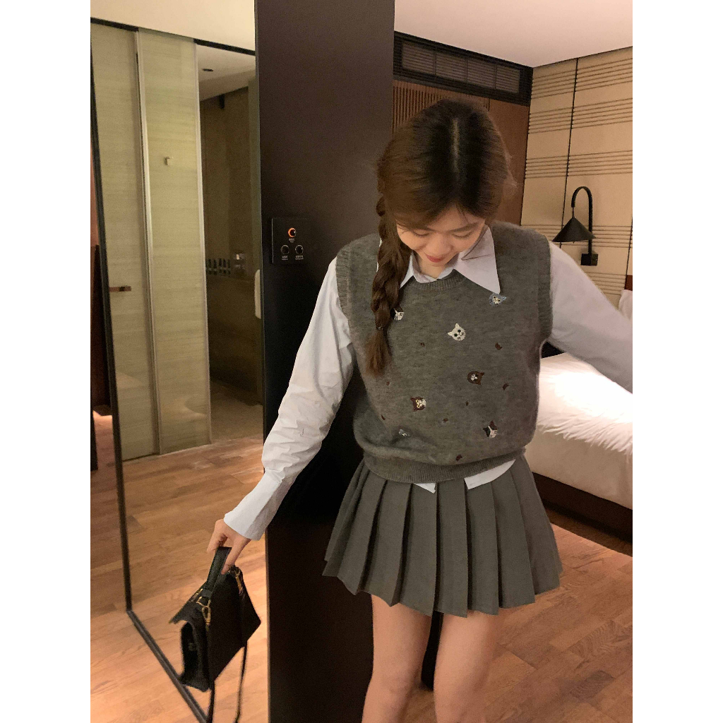 「MOTEL7」Áo sweater Dệt Kim Sát Nách Thêu Hình Mèo Kiểu retro Thời Trang Mùa Thu