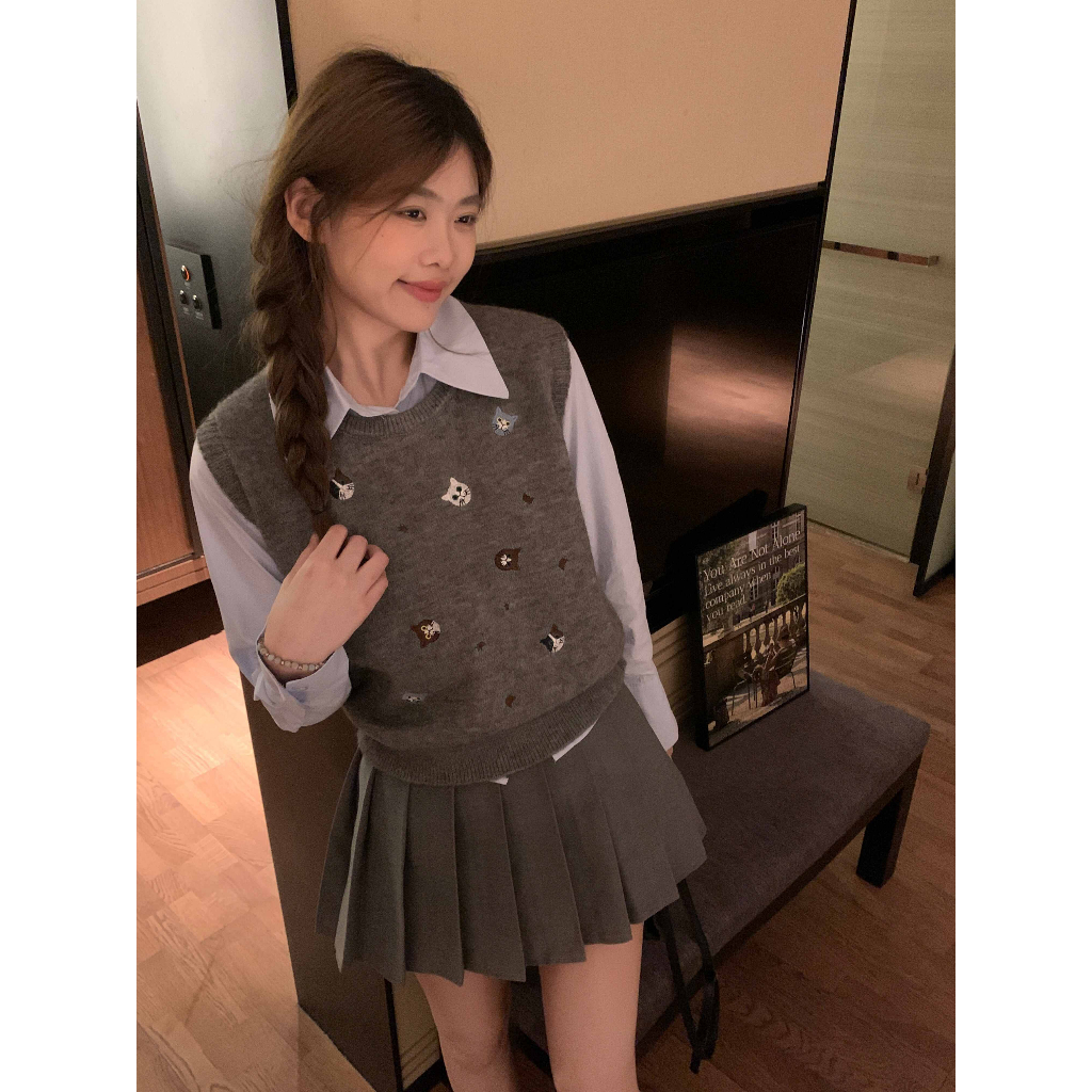 「MOTEL7」Áo sweater Dệt Kim Sát Nách Thêu Hình Mèo Kiểu retro Thời Trang Mùa Thu