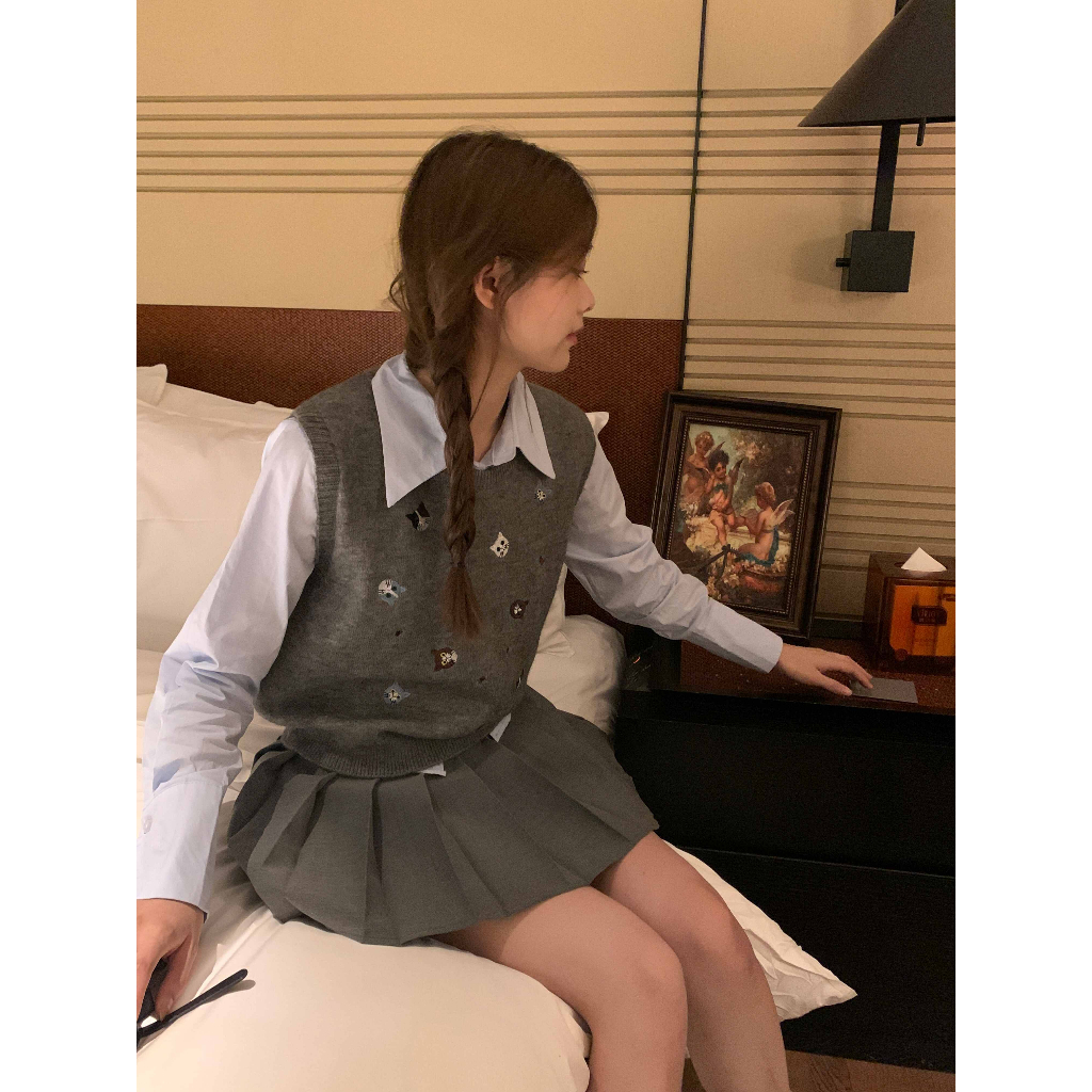 「MOTEL7」Áo sweater Dệt Kim Sát Nách Thêu Hình Mèo Kiểu retro Thời Trang Mùa Thu