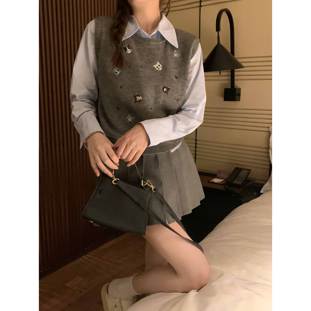 「MOTEL7」Áo sweater Dệt Kim Sát Nách Thêu Hình Mèo Kiểu retro Thời Trang Mùa Thu