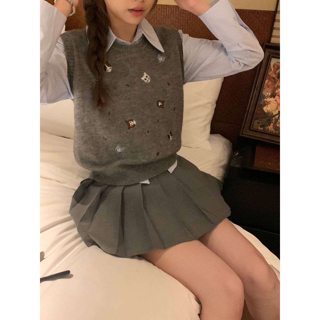 「MOTEL7」Áo sweater Dệt Kim Sát Nách Thêu Hình Mèo Kiểu retro Thời Trang Mùa Thu