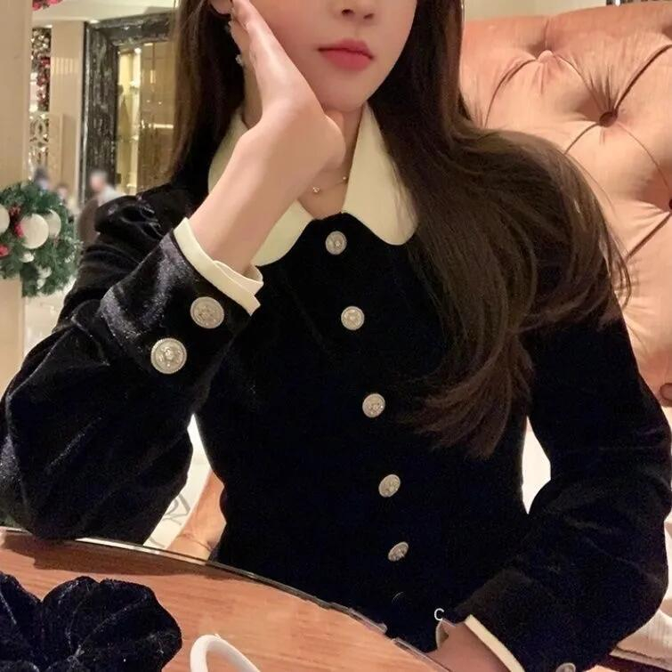 Áo Sơ Mi Nhung Cổ Búp Bê Màu Tương Phản Thời Trang Mùa Xuân Cho Nam Và Nữ