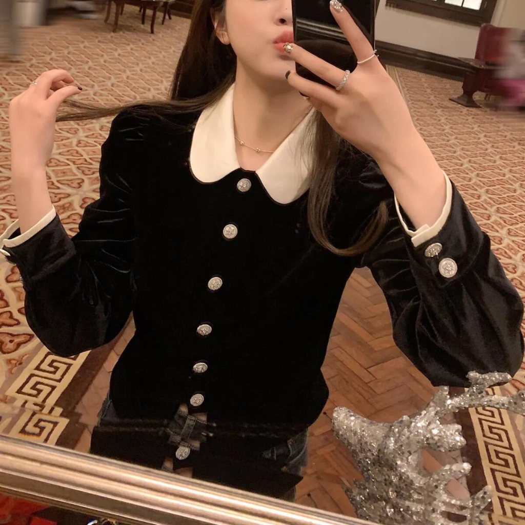 Áo Sơ Mi Nhung Cổ Búp Bê Màu Tương Phản Thời Trang Mùa Xuân Cho Nam Và Nữ