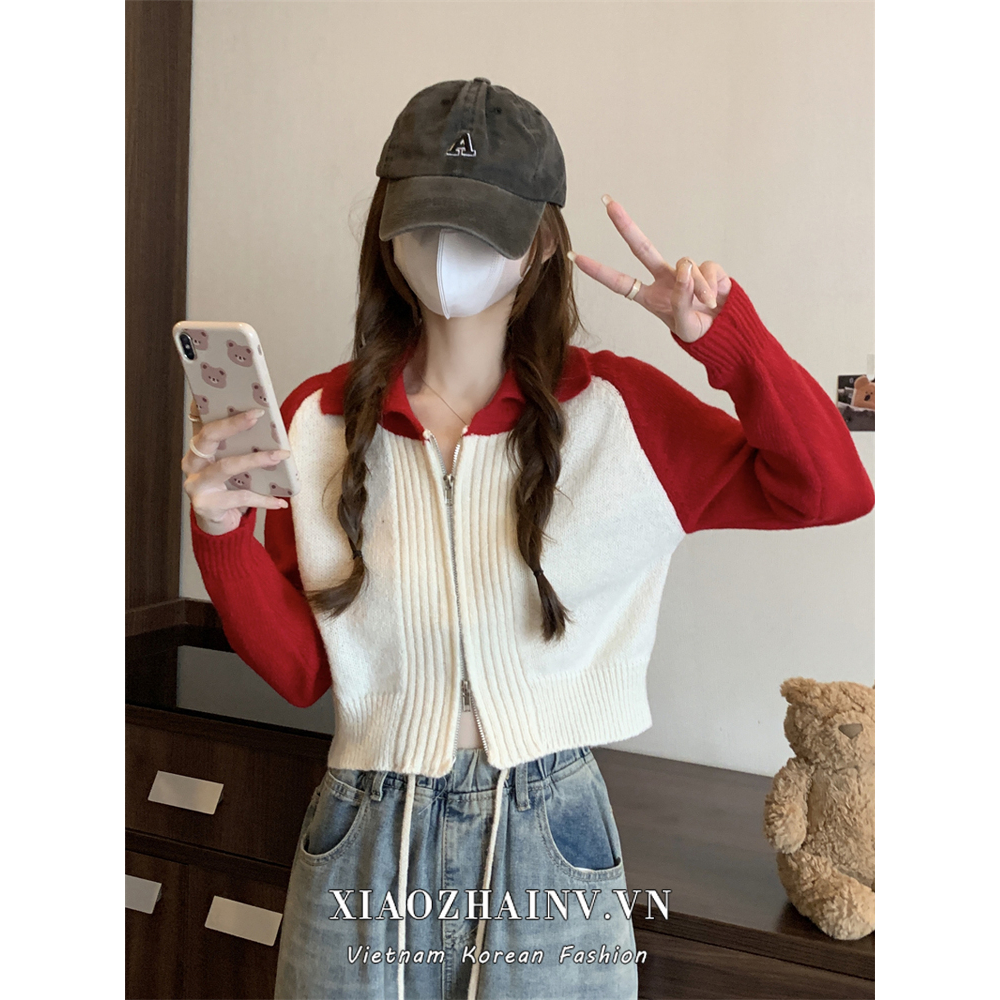 Xiaozhainv Áo cardigan Dệt Kim Tay Dài Cổ polo Có Khóa Kéo 4 Màu Hợp Thời Trang Cho Nữ
