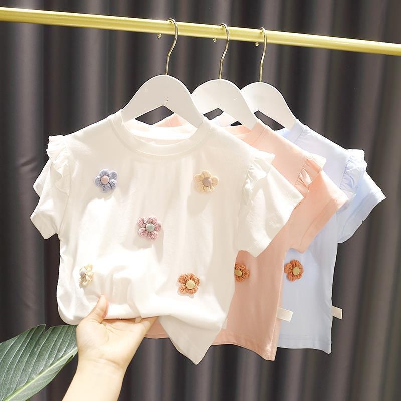 Áo Thun cotton Tay Xòe Thêu Hoa 3d Thời Trang Hàn Quốc Cho Bé Gái 2-7 Tuổi