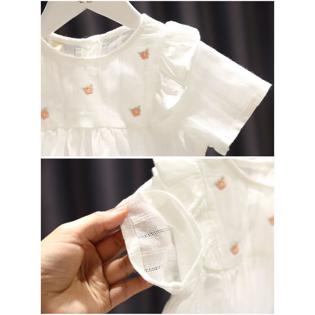 Áo Thun cotton Tay Xòe Thêu Hoa 3d Thời Trang Hàn Quốc Cho Bé Gái 2-7 Tuổi