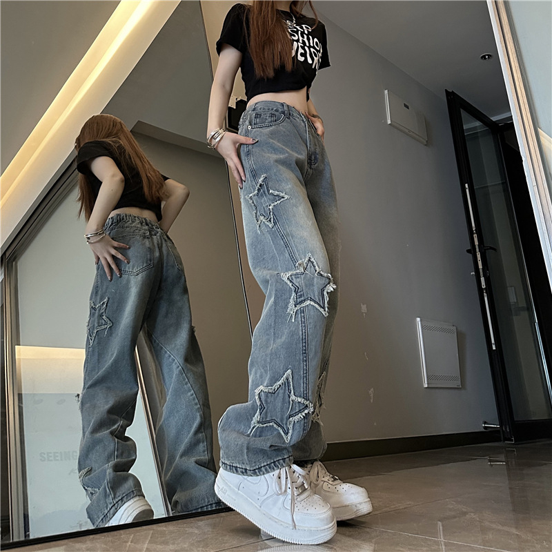 Quần jeans Ống Rộng Thêu Ngôi Sao Xanh Dương Mới 2023