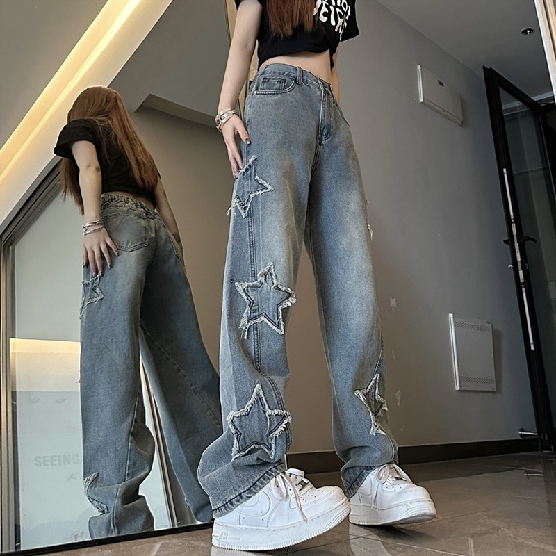 Quần jeans Ống Rộng Thêu Ngôi Sao Xanh Dương Mới 2023