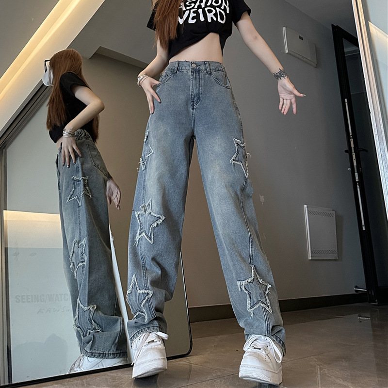 Quần jeans Ống Rộng Thêu Ngôi Sao Xanh Dương Mới 2023
