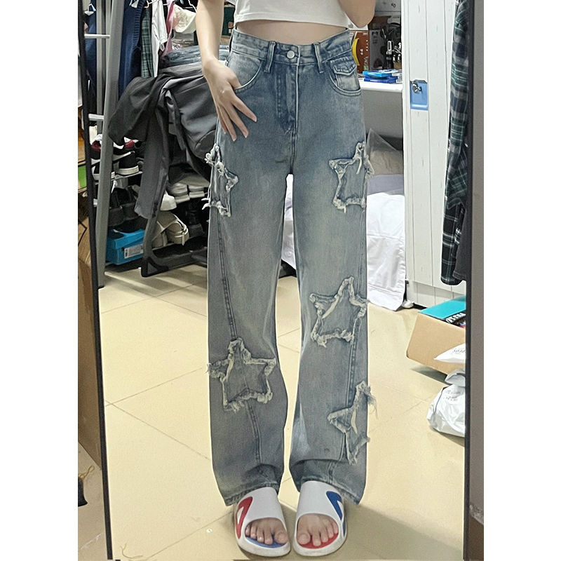 Quần jeans Ống Rộng Thêu Ngôi Sao Xanh Dương Mới 2023