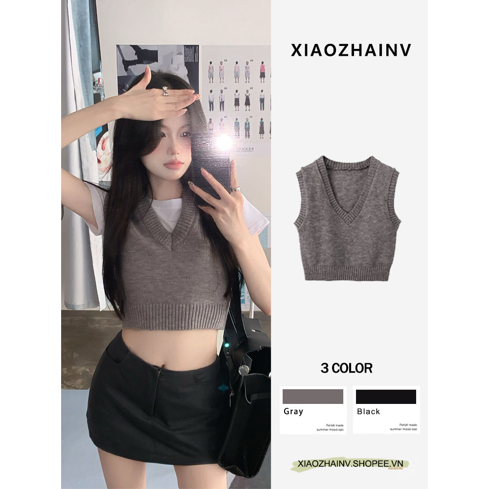 Xiaozhainv Áo crop top Dệt Kim Cổ Chữ V Phong Cách Hàn Quốc Có 3 Màu Lựa Chọn