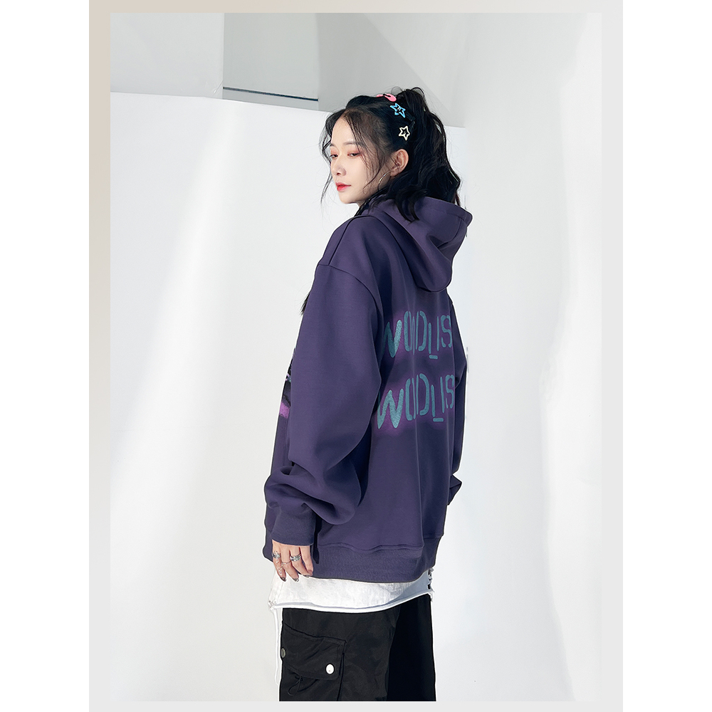 Áo hoodie In xe hơi Dây Rút Dáng Rộng Màu Tím Phong Cách Đường Phố Mỹ Cho Nữ