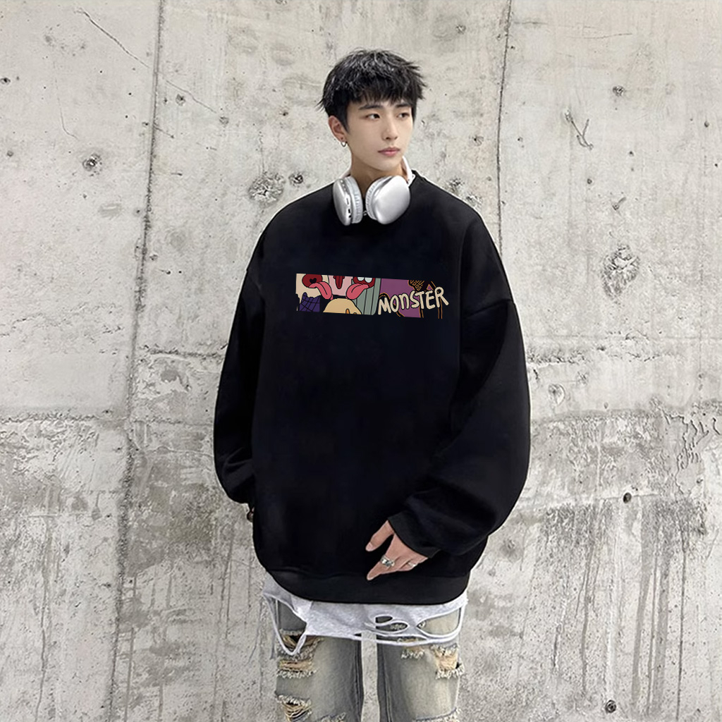 Áo sweater nam đen BEEYANBUY form rộng áo nỉ tay dài thời trang in hình unisex 100% cotton-Y0479
