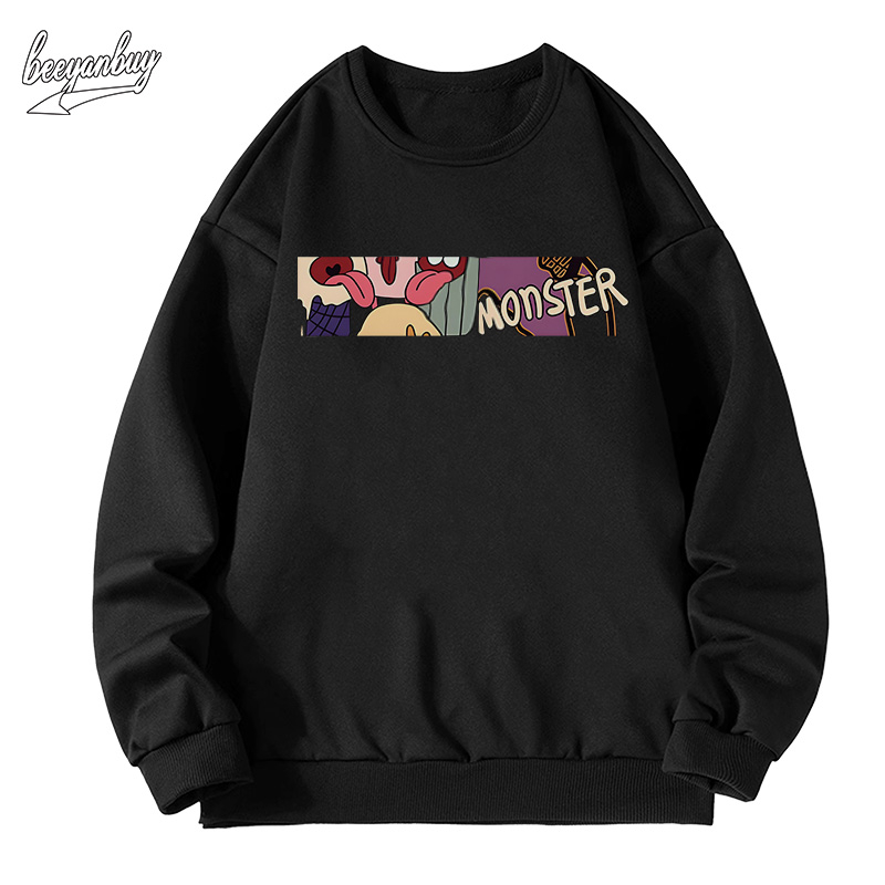 Áo sweater nam đen BEEYANBUY form rộng áo nỉ tay dài thời trang in hình unisex 100% cotton-Y0479