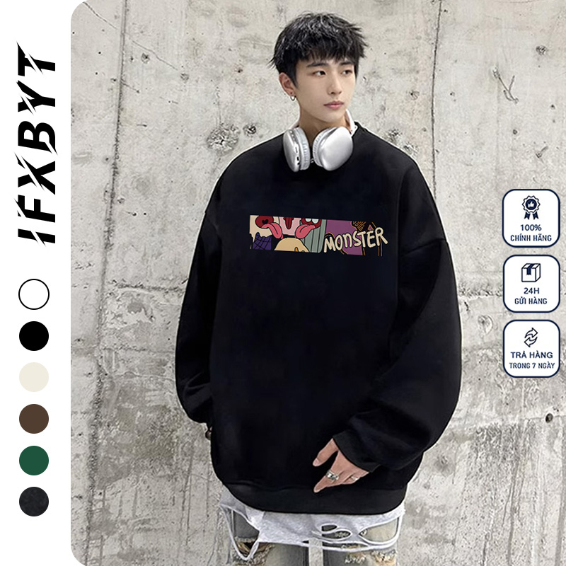 Áo sweater nam wash IFXBYT áo nỉ tay dài thời form rộng trang in hình unisex 100% cotton-Y0479