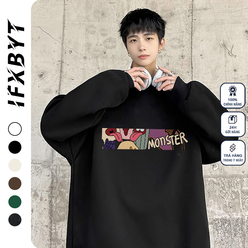 Áo sweater nam wash IFXBYT áo nỉ tay dài thời form rộng trang in hình unisex 100% cotton-Y0479