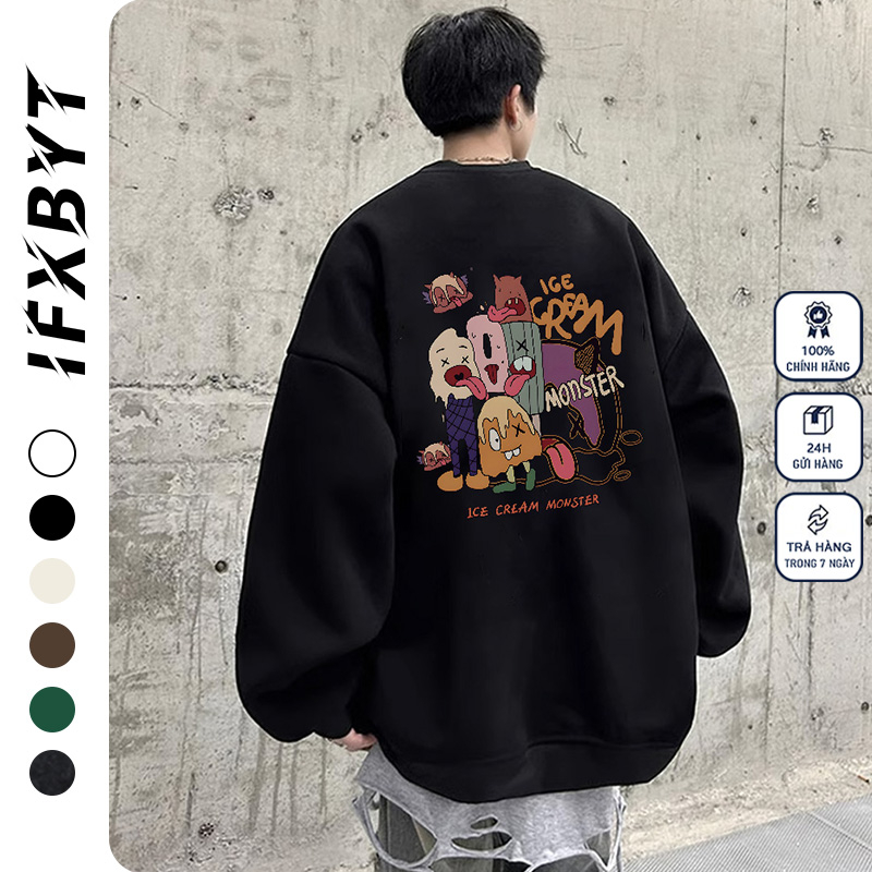 Áo sweater nam wash IFXBYT áo nỉ tay dài thời form rộng trang in hình unisex 100% cotton-Y0479