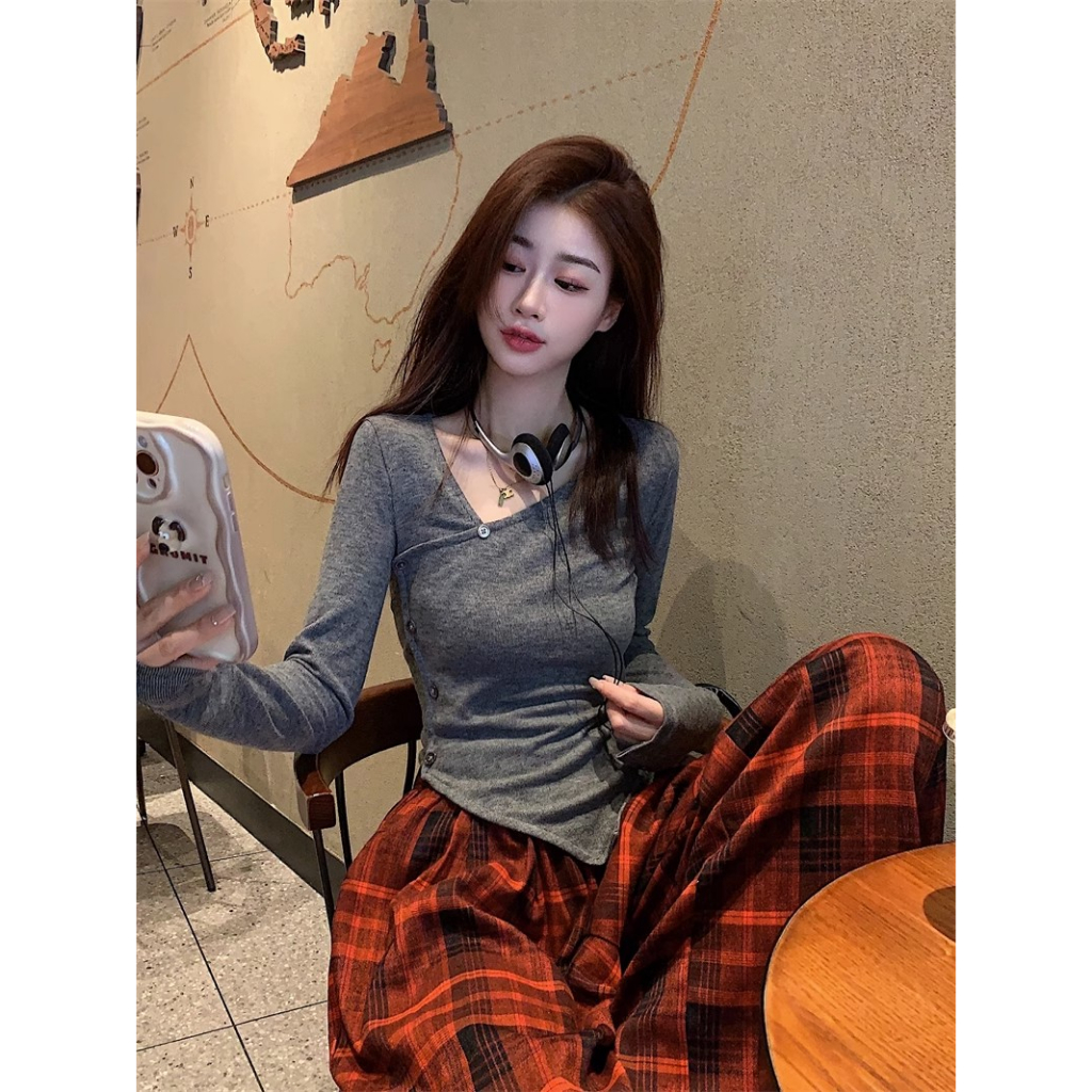 Kumikumi Áo Thun Tay Dài Màu Trơn Thời Trang Dành Cho Nữ