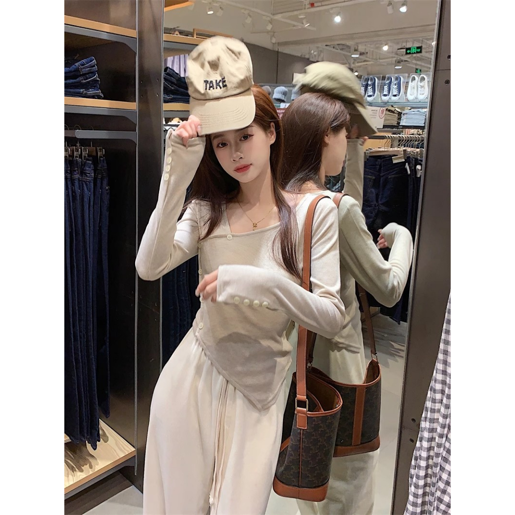 Kumikumi Áo Thun Tay Dài Màu Trơn Thời Trang Dành Cho Nữ