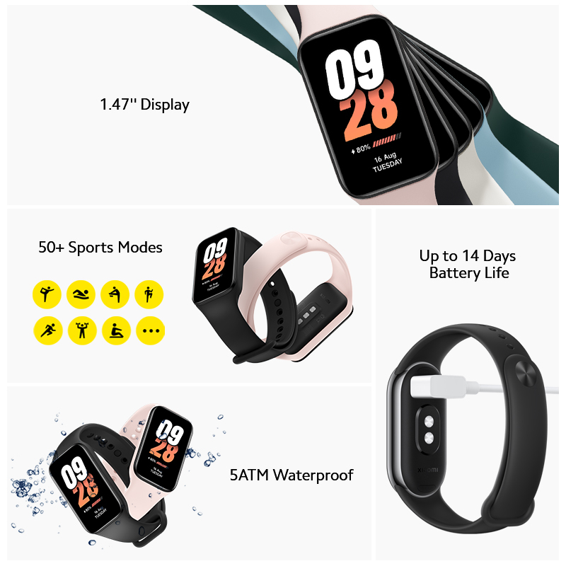 Vòng Đeo Tay Thông Minh xiaomi 8 active Màn Hình 1.47 "5atm Chống Thấm Nước 50 Chế Độ