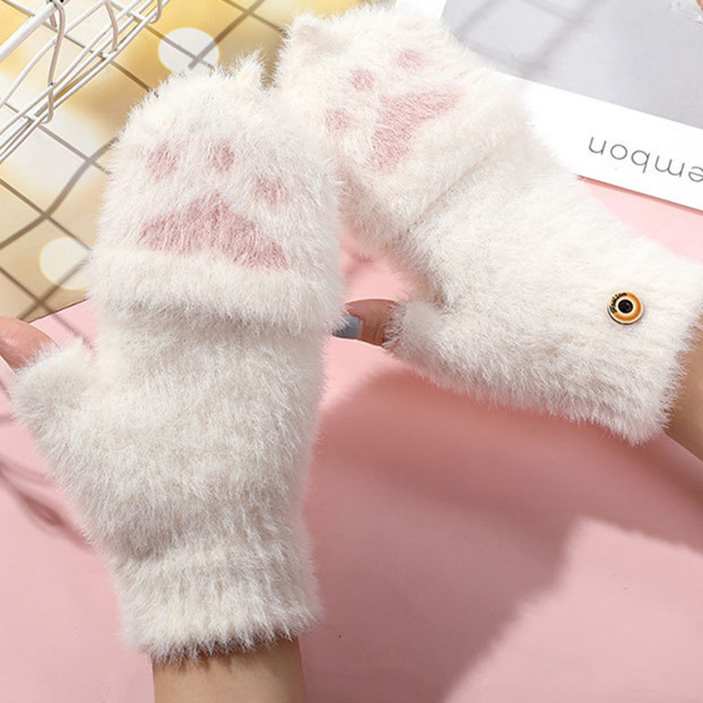 Găng Tay Mùa Đông Bằng Vải Nhung cotton Dày Ấm Áp Hở Ngón Họa Tiết Hoạt Hình Dễ Thương Phong Cách Hàn Quốc Cho Nữ