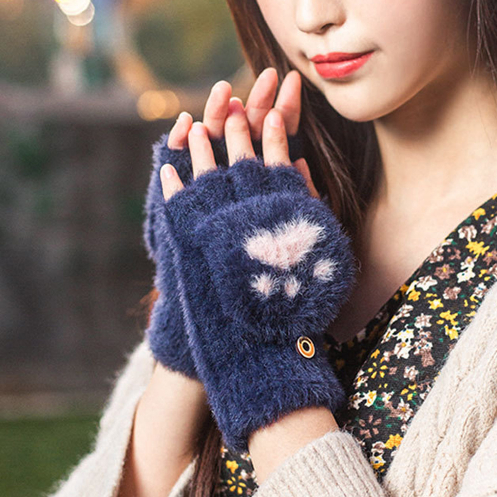 Găng Tay Mùa Đông Bằng Vải Nhung cotton Dày Ấm Áp Hở Ngón Họa Tiết Hoạt Hình Dễ Thương Phong Cách Hàn Quốc Cho Nữ