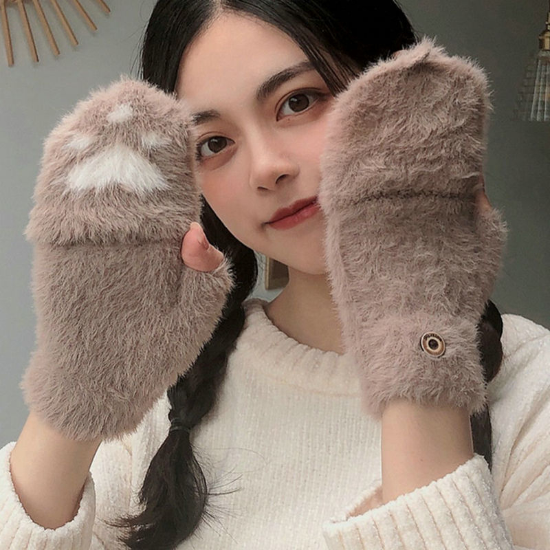 Găng Tay Mùa Đông Bằng Vải Nhung cotton Dày Ấm Áp Hở Ngón Họa Tiết Hoạt Hình Dễ Thương Phong Cách Hàn Quốc Cho Nữ
