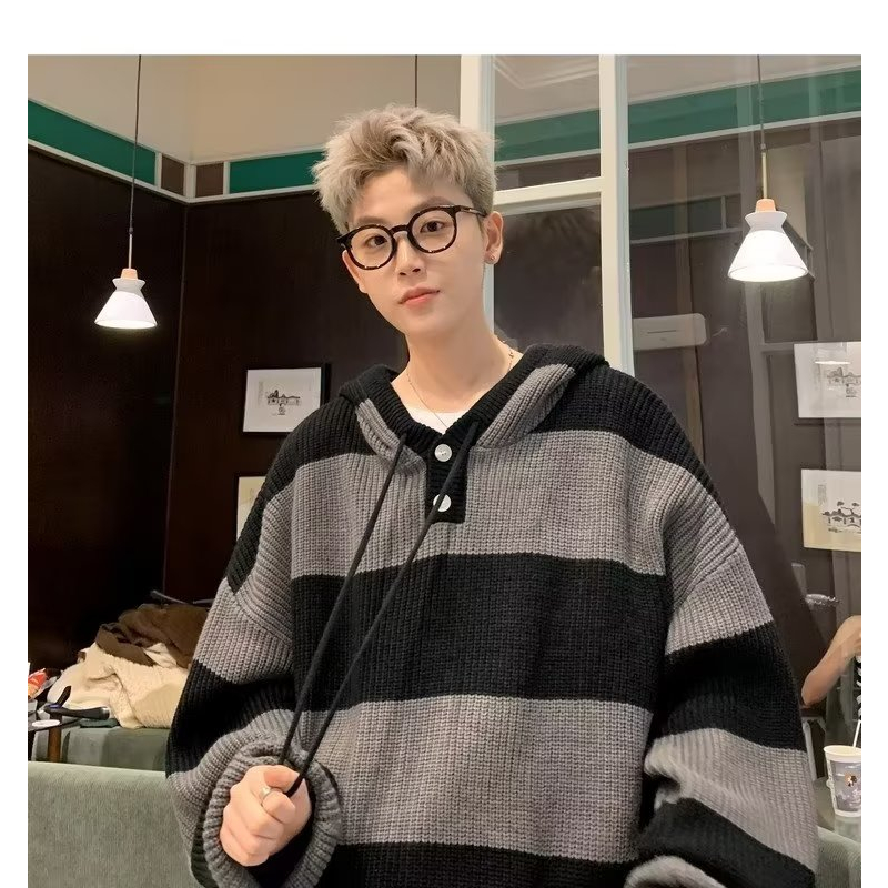 Áo Khoác Len Có Nón Họa Tiết Sọc Ngang Phong Cách Hàn Quốc Dành Cho Nam