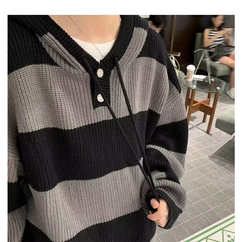 Áo Khoác Len Có Nón Họa Tiết Sọc Ngang Phong Cách Hàn Quốc Dành Cho Nam