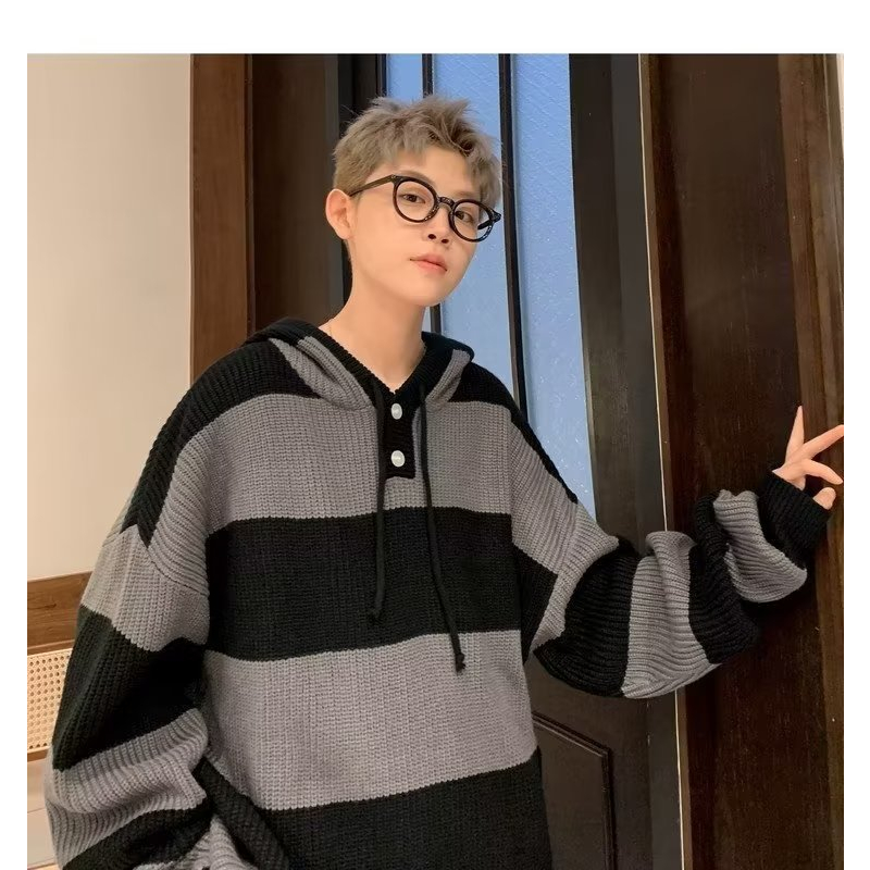 Áo Khoác Len Có Nón Họa Tiết Sọc Ngang Phong Cách Hàn Quốc Dành Cho Nam